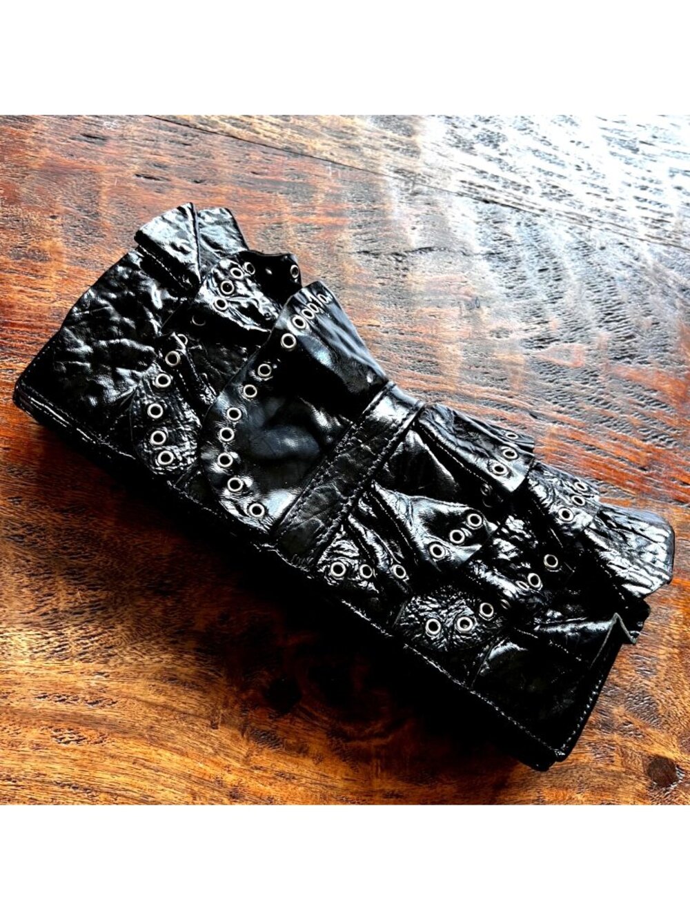 Black Real Patent Leather Susan Farber Clutch With Ruffle & Grommet Detailing 10